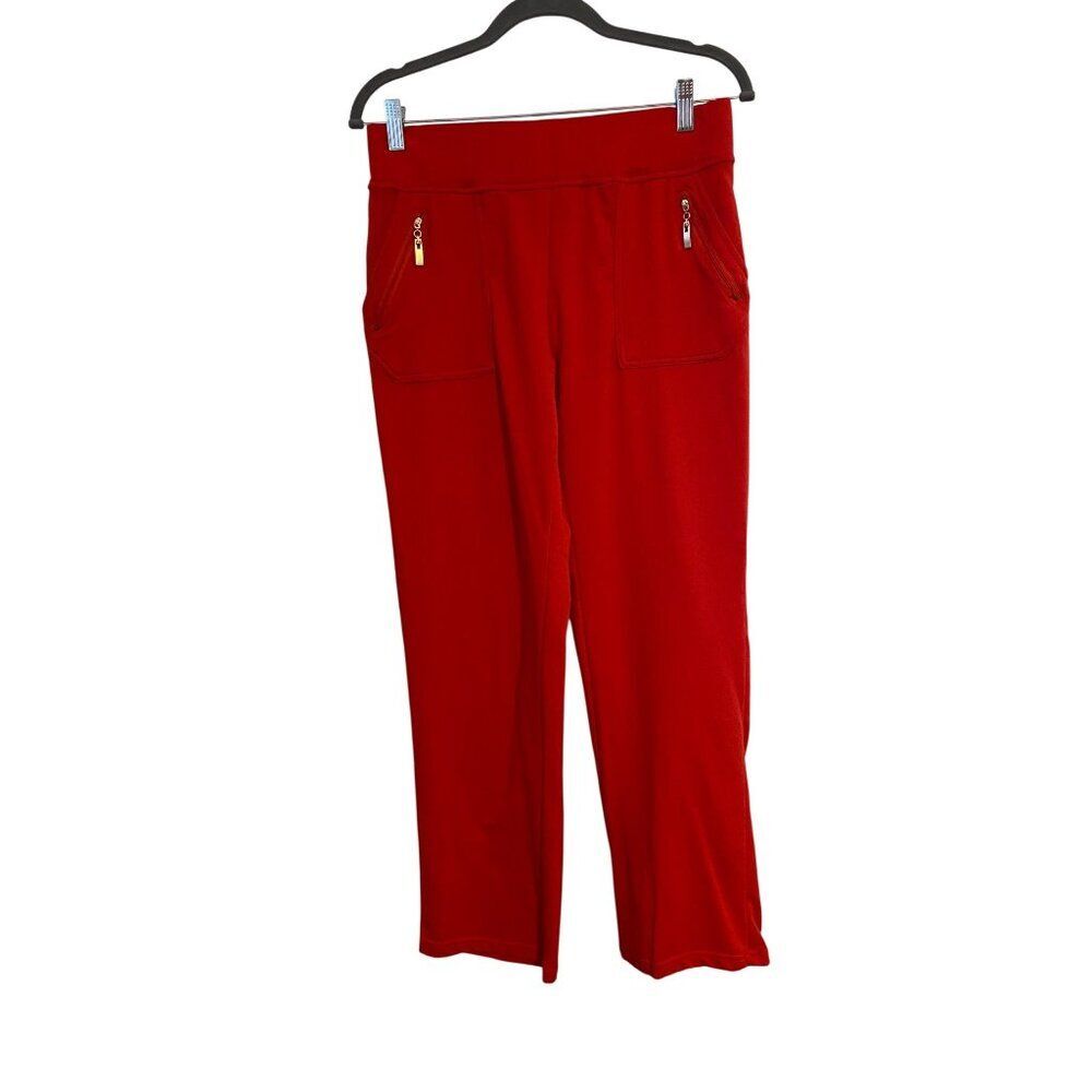 Onque Petite Women's PM Red Pull-On Pants Zipper Pockets Flared Leg Casual Comfy